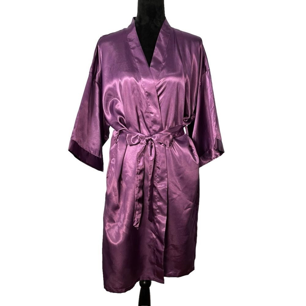 Purple Silky Robe Tie Front Kimono Bathrobe Sexy Satiny Lounge Wear Cover Up